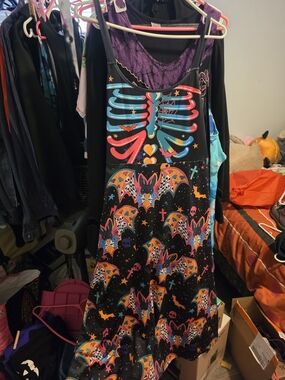 Colorful Skeleton & Bat Print Halloween Dress